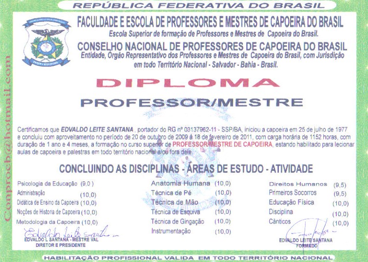 Diploma Oficial do Professor/Mestre de Capoeira